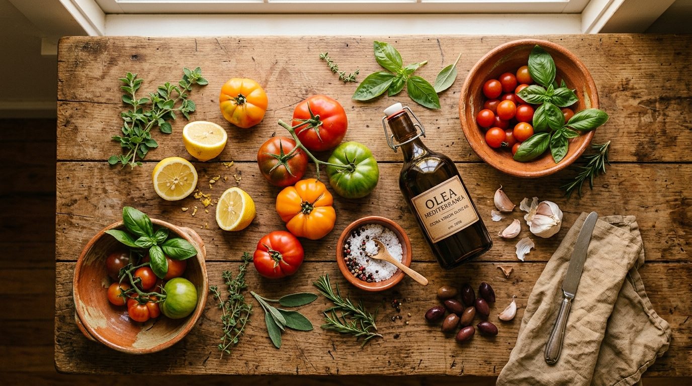 A warm kitchen table with Mediterranean ingredients