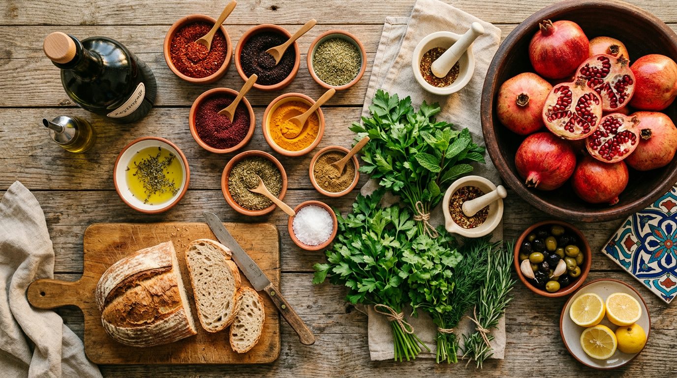 Overhead view of a rustic Mediterranean kitchen spread