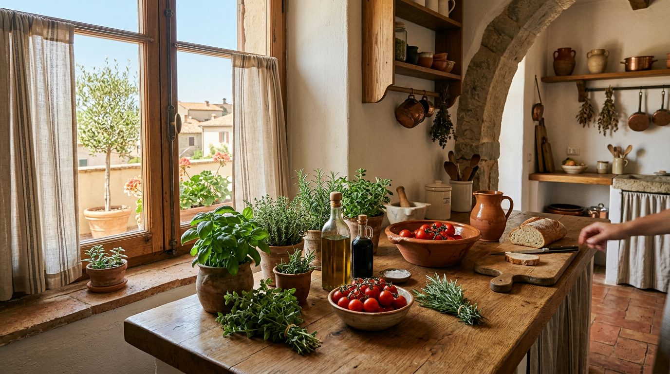 A warm Mediterranean kitchen with fresh ingredients and morning light